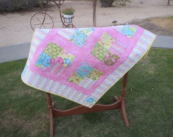 4 Patch Baby Girl Quilt**Pink Polka Dots**Floral**Pastel Stripes**Shower Gift**Baby Shower**New Baby**Baby Blanket