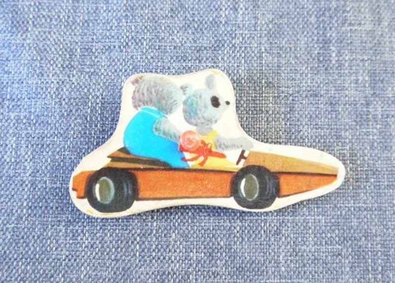 Vintage Wooden Puzzle Piece Brooch Cruising Pandas