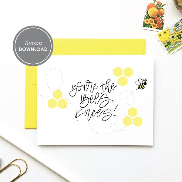 You're The Bees Knees Card, PDF Instant Download, Love Card, Friendship Card, 2 Layouts and Free Envelope Template