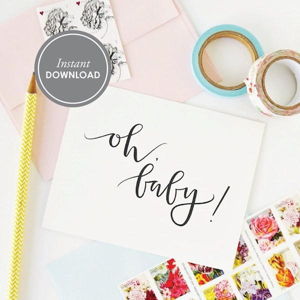 Oh Baby Card, PDF Instant Download, Baby Shower Card, 2 Layouts and Free Envelope Template