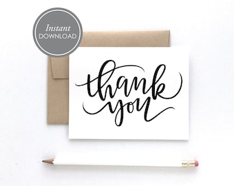 Thank You Printable Card, Instant Download PDF, Calligraphy Thank You Card, DIY Card, Free Envelope Template