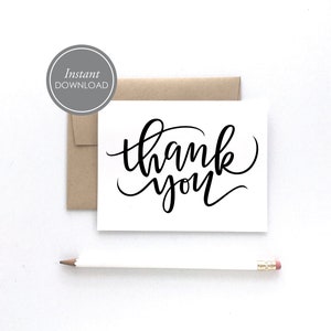 Thank You Printable Card, Instant Download PDF, Calligraphy Thank You Card, DIY Card, Free Envelope Template