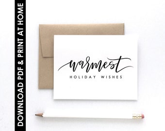 PDF CARD, Print At Home, Warmest Holiday Wishes, Christmas Card, Holiday Card, Instant Download Card PDF + Envelope Template