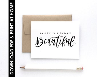 PDF CARD, Print At Home, Happy Birthday Beautiful Card, Birthday Card For Her, Instant Download, 2 Layouts + Free Envelope Template