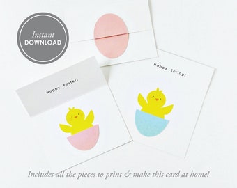 Carte de poussin joyeuses de Pâques, carte de printemps heureux, carte de poussin mignon, kit de fabrication de cartes, téléchargement instantané PDF avec modèle d’enveloppe gratuit