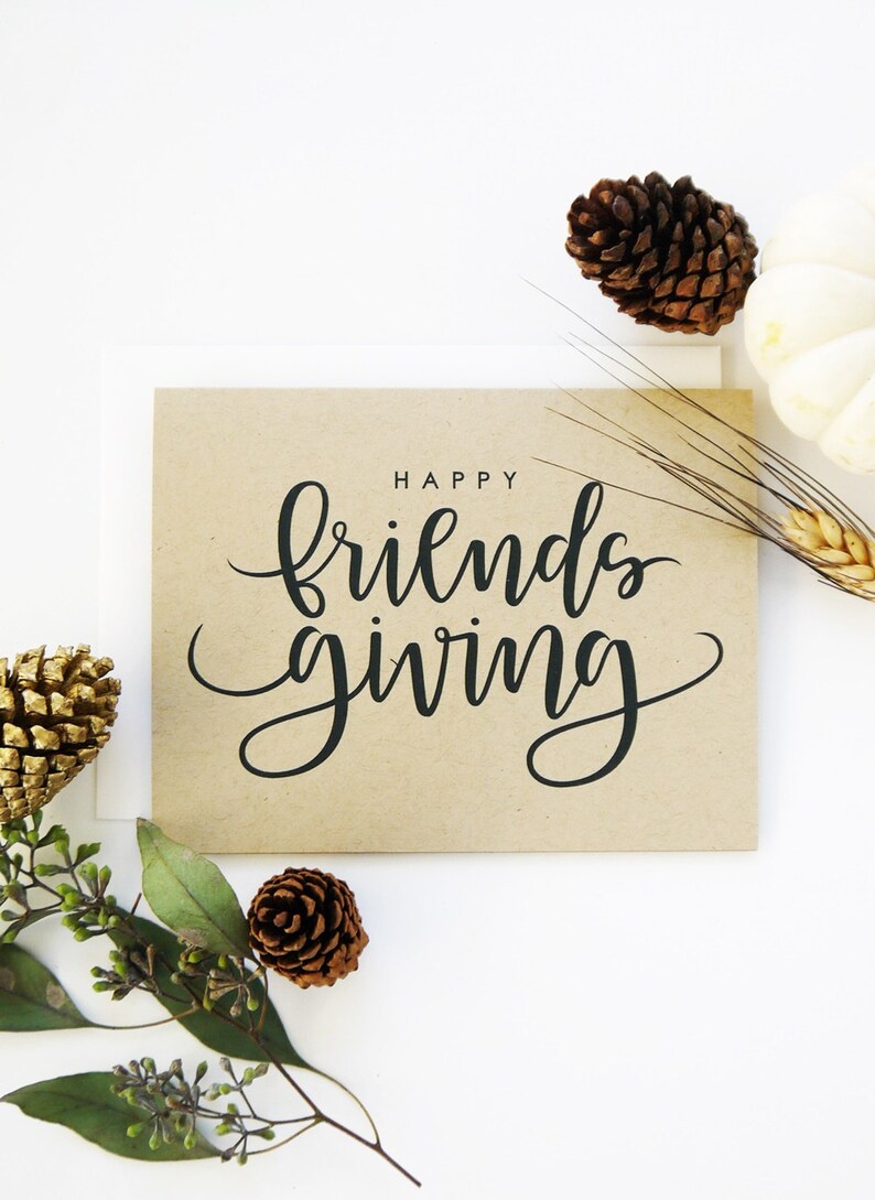 Happy Friendsgiving Card Kraft / Fall Card/ Hand Lettered Card / A2 / Blank / Charitable Donation image 1