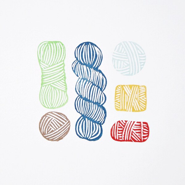 Yarn Skeins / Block Print Art / Original / 5x7 / Other Colors Available / Charitable Donation