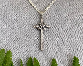 tiny dainty silver floral cross necklace, dainty cross pendant with flower and leaves by independant designer, gift for confirmation