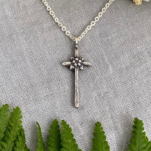 tiny dainty silver floral cross necklace, dainty cross pendant with flower and leaves by independant designer, gift for confirmation