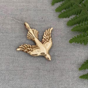 Holy Spirit descending dove pendant; gold-toned brass jewelry necklace component; flying bird lover gift; Christian, spiritual peace symbol