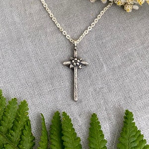 tiny dainty sterling silver floral cross necklace; minimal cross pendant on sterling silver chain; gift for baptism, confirmation, teacher