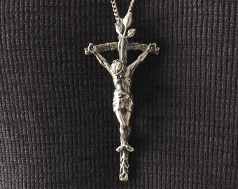 unique large sterling silver cross crucifix with leaves above realistic Jesus corpus on stainless steel chain