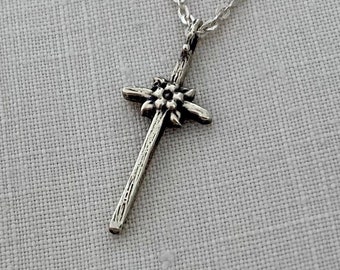 delicate silver floral cross necklace, dainty cross pendant with flower and leaves by independant designer, gift for comfirmation