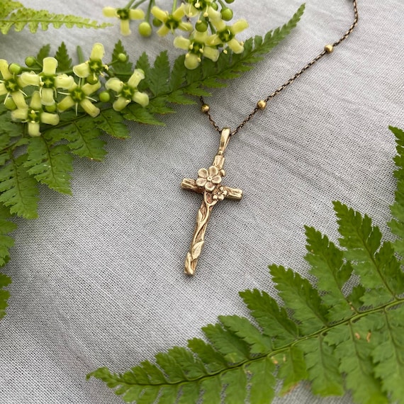 Antiqued Brass, Dainty Floral Cross Necklace: Unique Hand-carved Design, Forget Me Not Blossoms