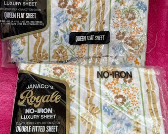 Vintage 1980s Double Fitted Sheet & Queen Flat Sheet + Pillow Cases in Packaging Made in UK Cotton / Polyester Janaco's Royale