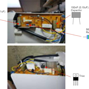 May include: Detailed view of an electronic circuit board featuring several components. The image highlights a 100nF (0.1uF) capacitor, a 150nF (0.15uF) capacitor, a 56 Ohm 2W resistor, and a Triac. Various wires and other elements are also present.