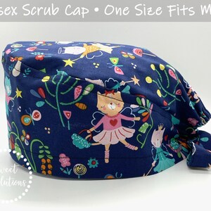 Scrub Caps, Scrub Caps for Men and Women, Navy Floral Fairy Kittens Surgical Cap, Pediatric Scrub Cap, Unisex Scrub Cap, Nurse Scrub Cap