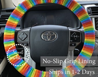 Rainbow Stripe Steering Wheel Cover, Rainbow Fabric Steering Wheel Cover, Non-Slip Grip Liner, Pride Car Accessories