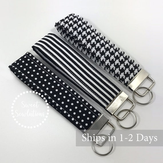 Black and White Prints Fabric Key Fob, Black White Polka Dot