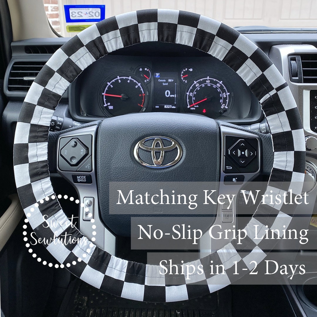 Checker Print Steering Wheel Cover, Black and White Checker Fabric