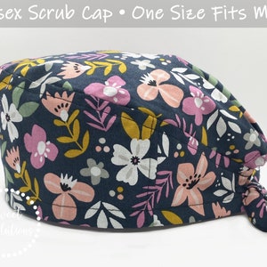Scrub Caps, Scrub Caps for Women, Surgical Cap, Navy Spring Woodland Floral Scrub Cap, Ladies Flower Scrub Cap, Nurse&#39;s Tieback Scrub Cap