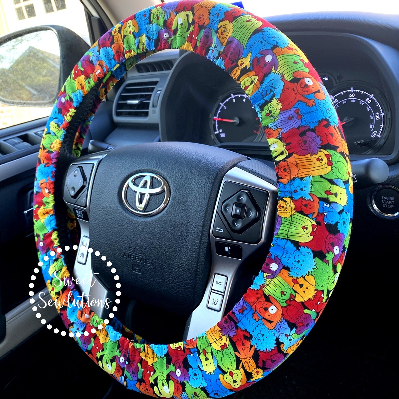 Steering Wheel Cover Dog Print Fabric Rainbow Dogs Steering Etsy