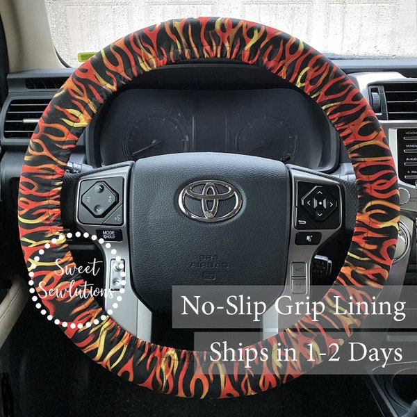 Flames Steering Wheel Cover,  Hot Rod Steering Wheel Cover, Non-Slip Grip Liner, Fire Car Accessories, Flames Fabric Keychain
