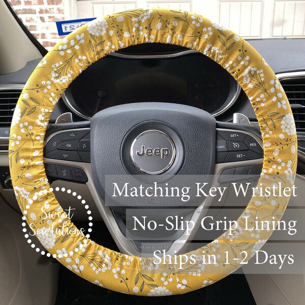 Mustard Cotton Steering Wheel Cover, Floral Fabric Steering Wheel Cover, Non-Slip Grip Liner, Fabric Keychain, Floral Car Accessories