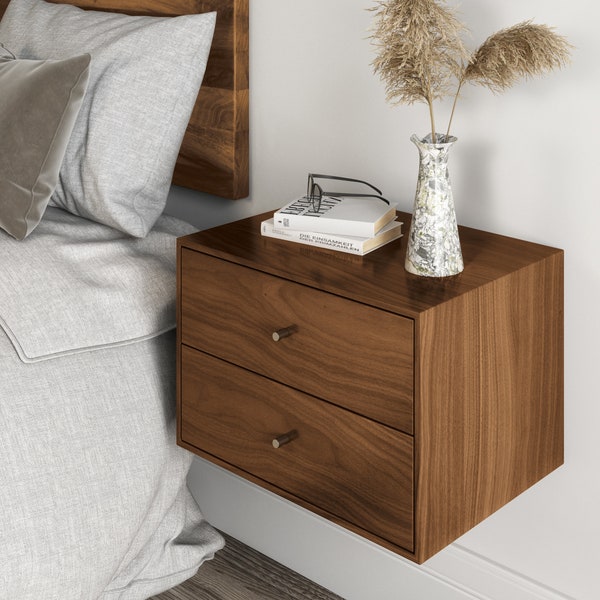 Floating nightstand with 2 drawers in solid Black Walnut / Mid Century Modern Bedside Table / Minimalist