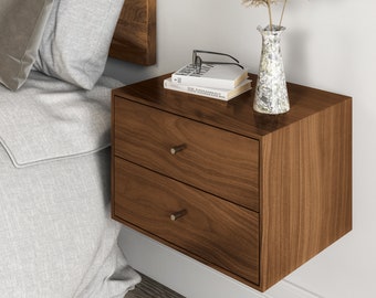 Floating nightstand with 2 drawers in solid Black Walnut / Mid Century Modern Bedside Table / Minimalist