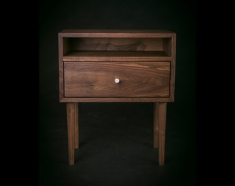 Solid Walnut Wood Mid-century Nightstand with Open Shelf and Drawer / Solid Walnut Wood Bedside Table