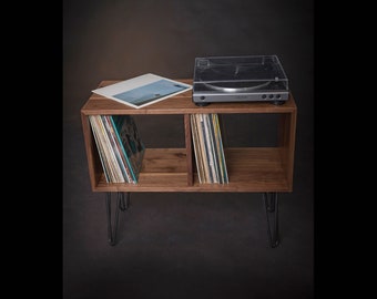 Vinyl Record Console, Turntable Stand, Solid Walnut Wood Storage on Hairpin Legs, Record Player Table, Media Center, Mid-Century Modern