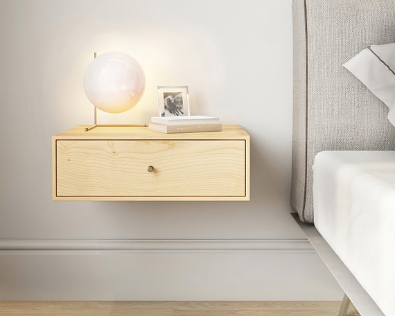 Solid Sugar Maple Wood Floating Nightstand with Drawer Sugar Maple Hanging Bedside Table Scandinavian Mid century Modern Minimalist