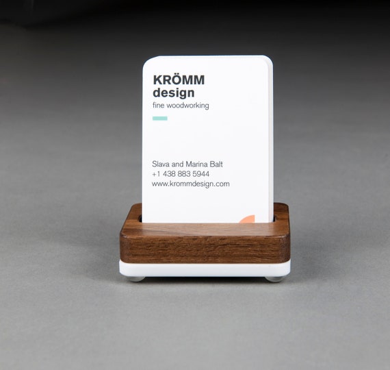 Tiny MOO Portrait Business Card Stand in Walnut Wood on White