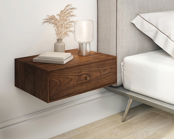 Solid Walnut Wood Floating Nightstand With Drawer / Walnut Wood