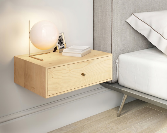 Solid Sugar Maple Wood Floating Nightstand with Drawer Sugar Maple Hanging Bedside Table Scandinavian Mid century Modern Minimalist