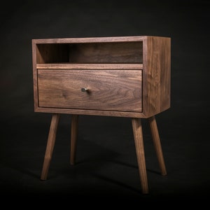 Mid century Nightstand with Open Shelf and Drawer / Solid Walnut Wood Bedside Table