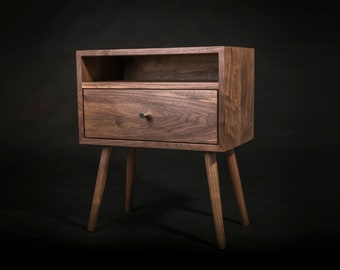 Mid century Nightstand with Open Shelf and Drawer / Solid Walnut Wood Bedside Table