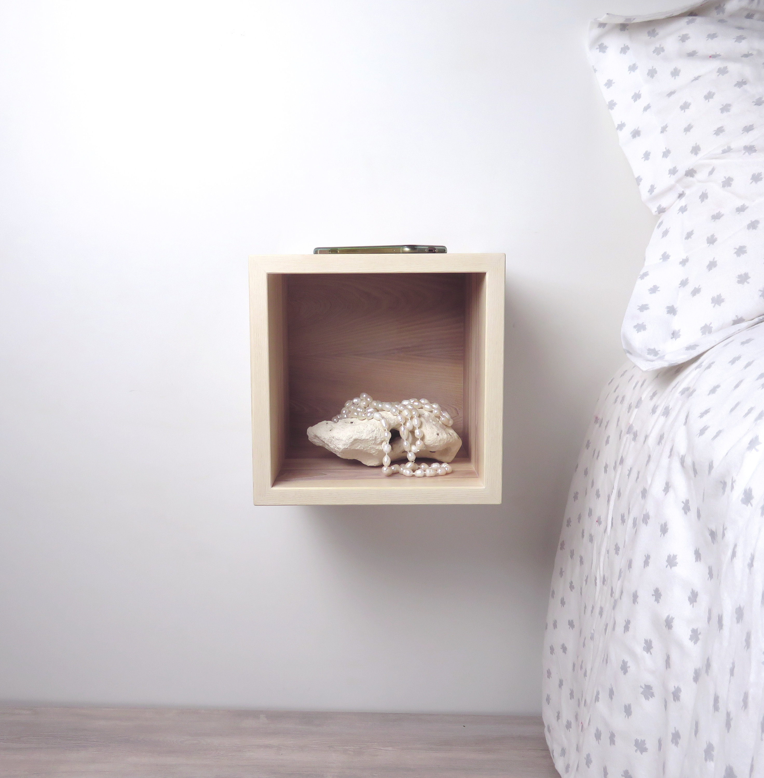 Tiny Solid White Ash Wood Floating Bedside Table Nightstand