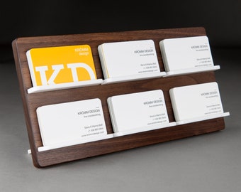 Two-Level Full-View Multiple Business Card Stand in Walnut Wood and White Acrylic / Multiple Business Card Display