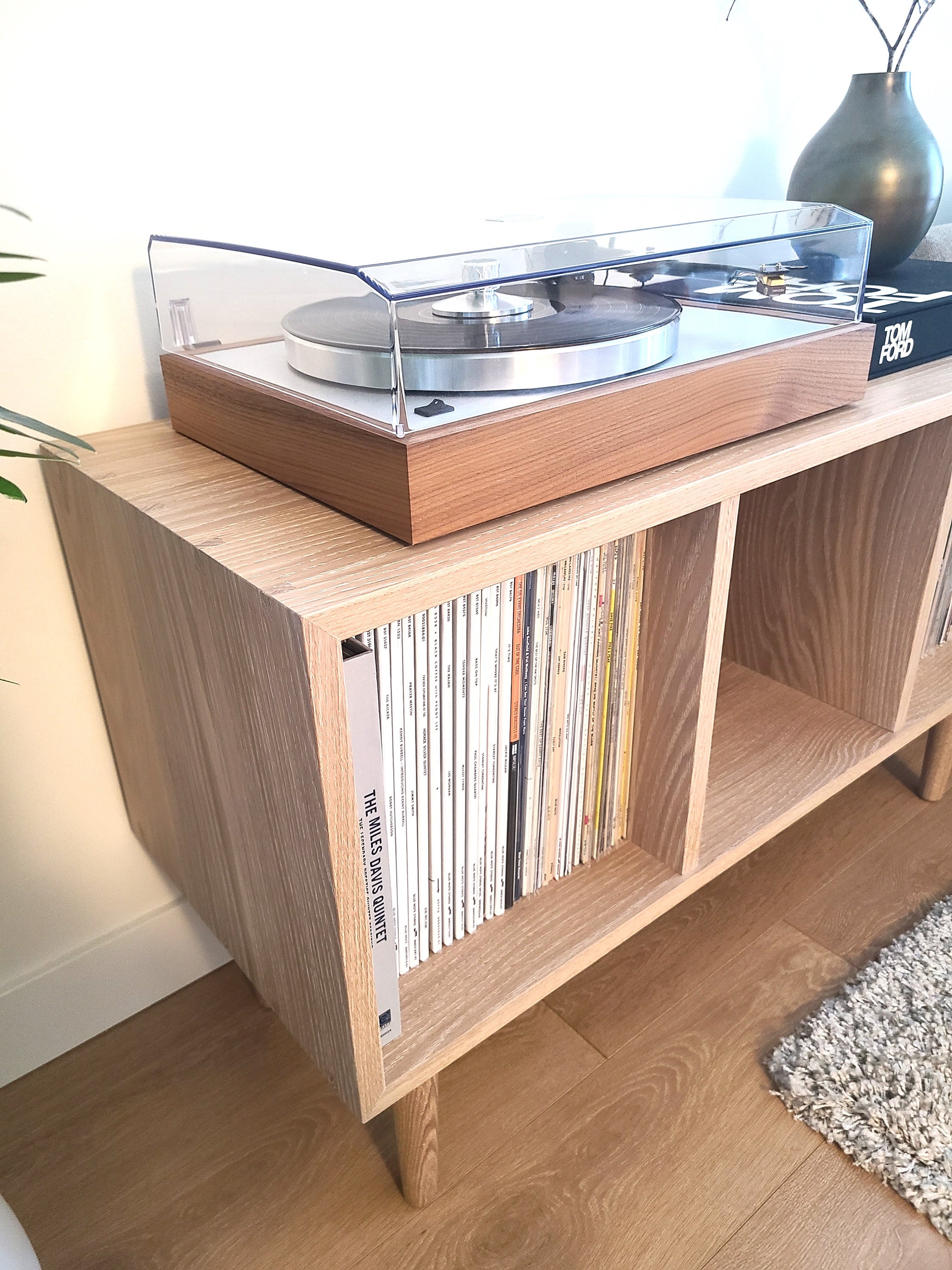 Vinyl Record Console Turntable Stand Solid White Oak Storage