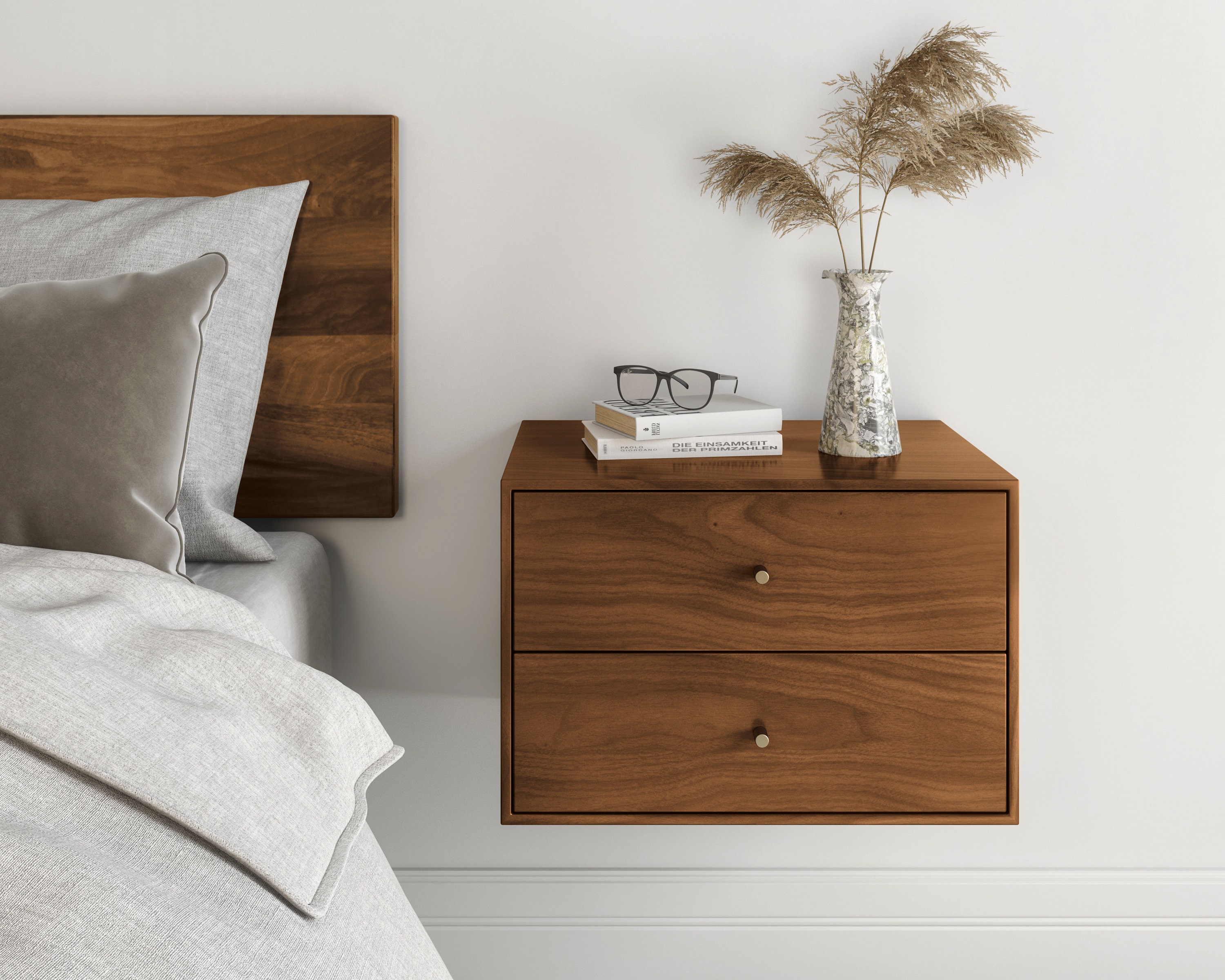 Floating nightstand with 2 drawers in solid Black Walnut / Mid Century