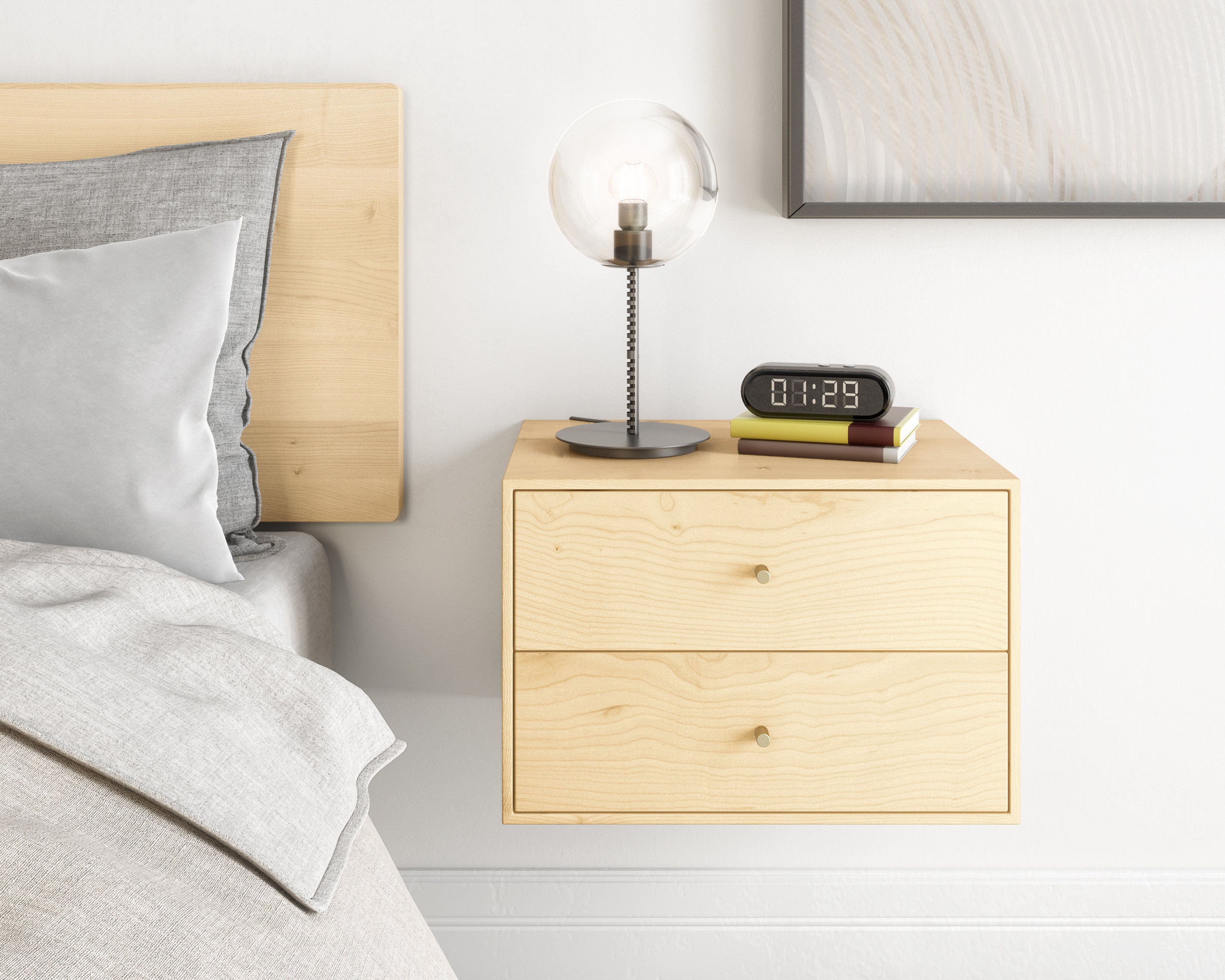 Floating Nightstand With 2 Drawers in Solid Sugar Maple Mid