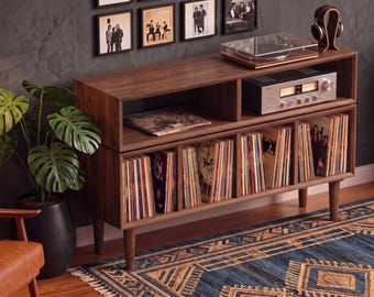Solid Black Walnut 2 Tier Vinyl Record Console, Mid-Century Modern Turntable Stand