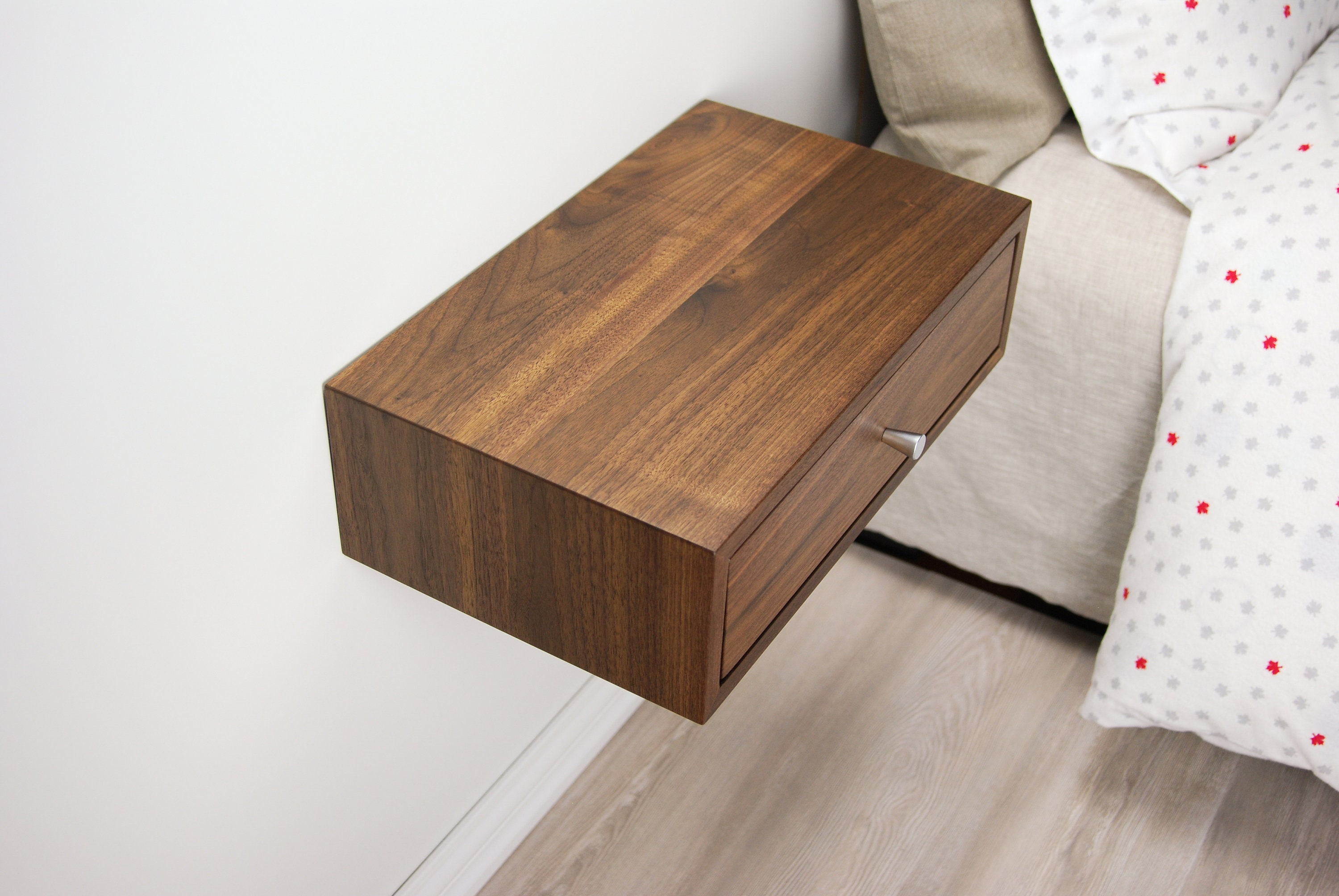 Solid Walnut Wood Floating Nightstand with Drawer / Walnut ...