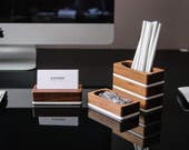 Wood Desk Organizer, Set of Walnut Wood Business Card Stand, Paper Clip Holder and Pen Holder