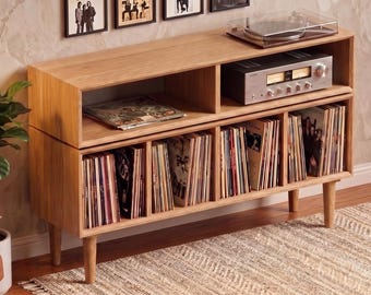 Solid White Oak 2 Tier Vinyl Record Console, Mid-Century Modern Turntable Stand