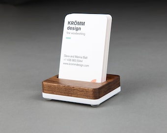 Tiny MOO Portrait Business Card Stand in Walnut Wood on White Acrylic Base / Vertical Business Card Display / Single Card Stand