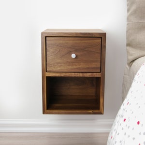 Walnut Wood Floating Nightstand with Drawer, Mid-Century Modern