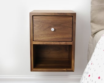Walnut Wood Floating Nightstand with Drawer, Mid-Century Modern